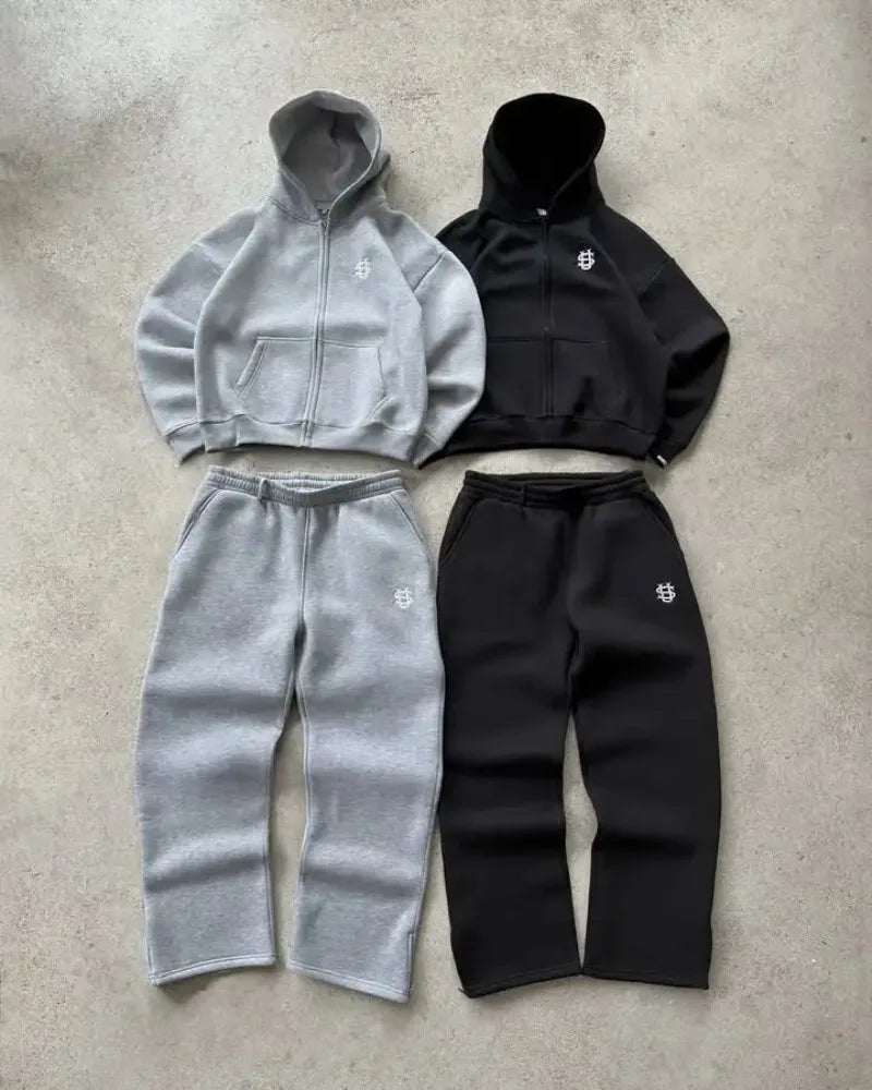 Conjunto Hoodie y Pantalones Y2K con Cremallera – Sudadera Oversize con Bordado de Letras Unisex, Moda Harajuku Retro 2 Piezas