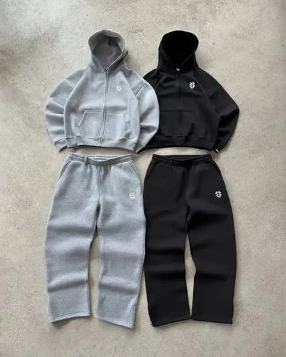 Conjunto Hoodie y Pantalones Y2K con Cremallera – Sudadera Oversize con Bordado de Letras Unisex, Moda Harajuku Retro 2 Piezas