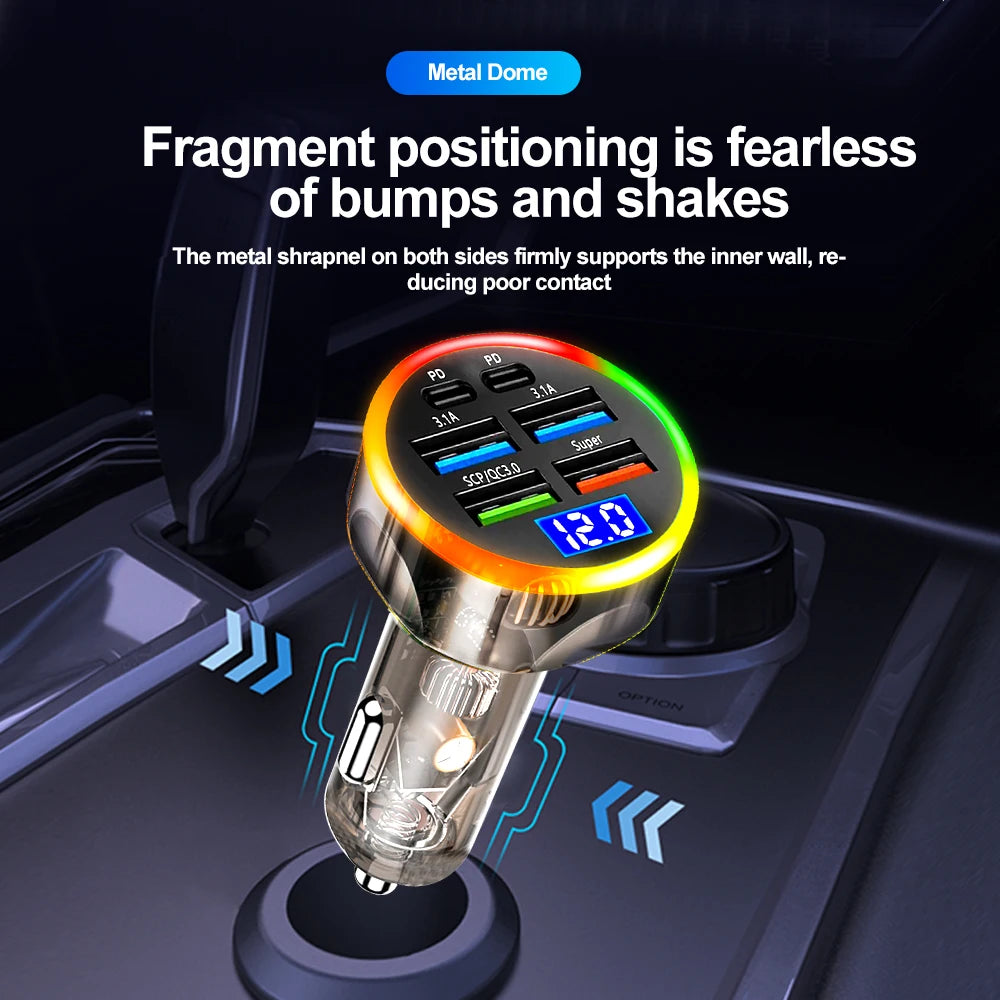 250W Fast Car Charger 6 Ports Quick Charge PD Type C USB A Adapter Transparent Case for iPhone 15 16 Pro Samsung S24 Xiaomi Poco