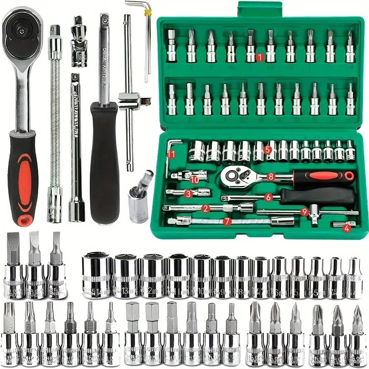 46/53pcs Juego de Dados y Llaves de Trinquete 1/4” – Kit de Herramientas Mecánicas para Reparación de Autos