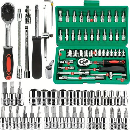 46/53pcs Juego de Dados y Llaves de Trinquete 1/4” – Kit de Herramientas Mecánicas para Reparación de Autos