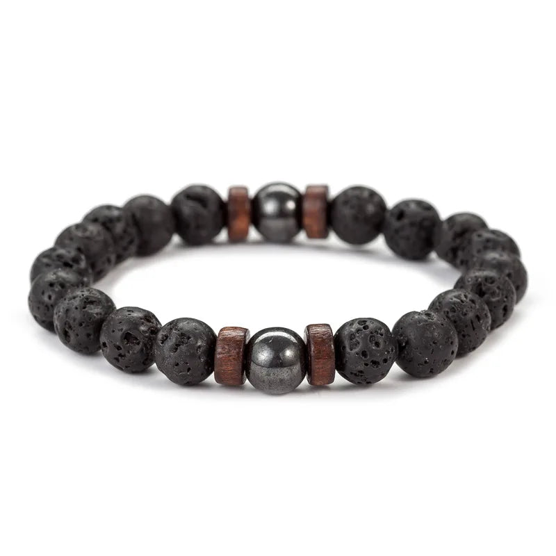 Pulsera de Piedra Volcánica de 8mm para Hombre – Lava y Madera con Buda Tibetano, Hecha a Mano, Elástica