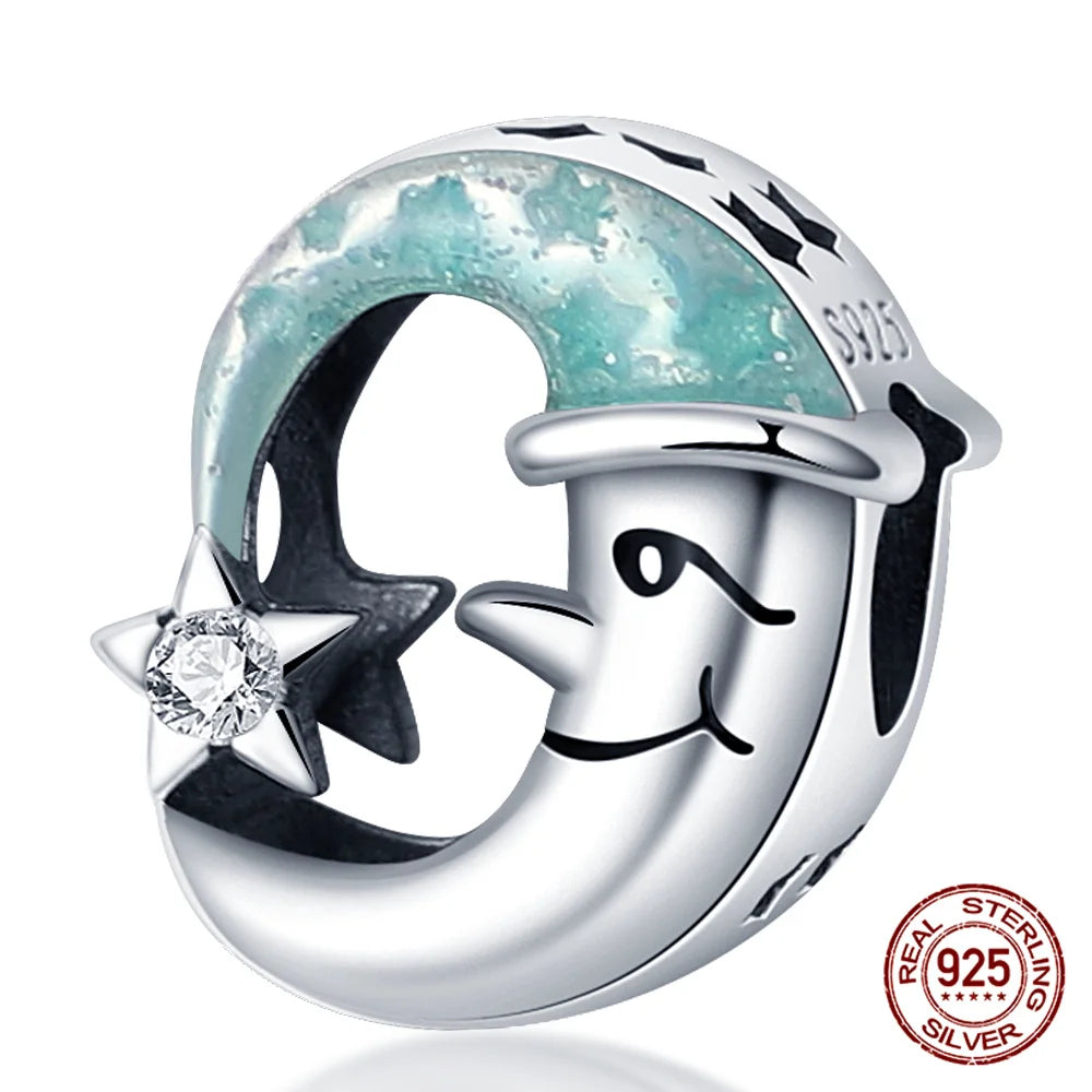 Charm luna y estrellas luminoso plata 925 – Abalorio brillante para pulsera tipo Pandora mujer