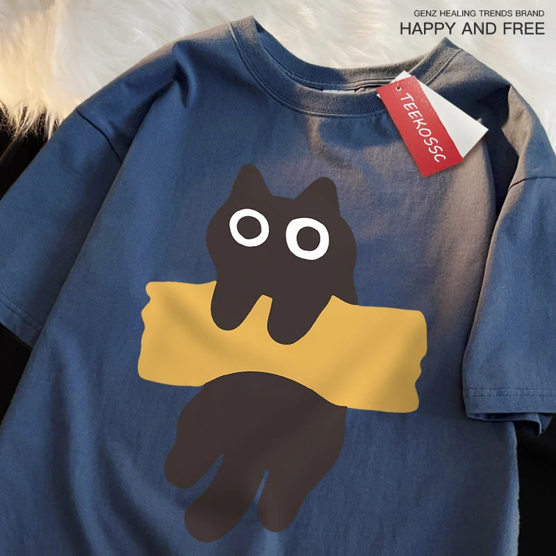 Camiseta Oversize con Estampado de Gato – T-shirt Manga Corta Estilo Japonés Unisex, Algodón, Cuello Redondo
