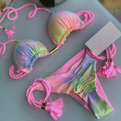 Bikini Mujer 2025 | Triángulo Multicolor Sin Espalda con Cordón