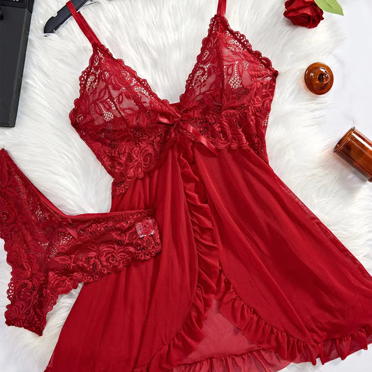 Lencería Sexy Mujer Roja Transparente | Baby Doll de Encaje con Tanga Conjunto Noche
