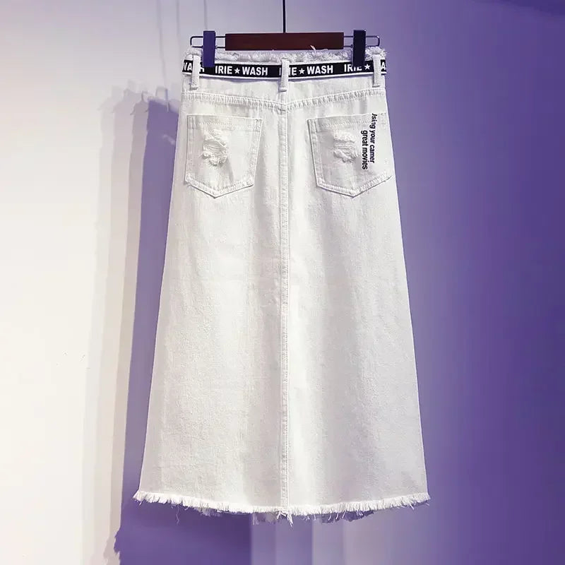 Falda Larga Mujer Denim Blanca | Estilo Coreano Oversize con Estampado Letras