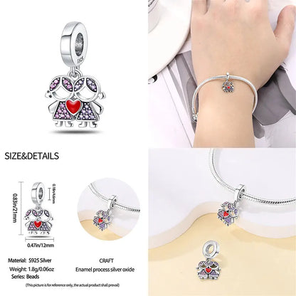 Charm hermana corazón en plata 925 – Compatible Pandora y pulseras 3mm, joyería DIY mujer