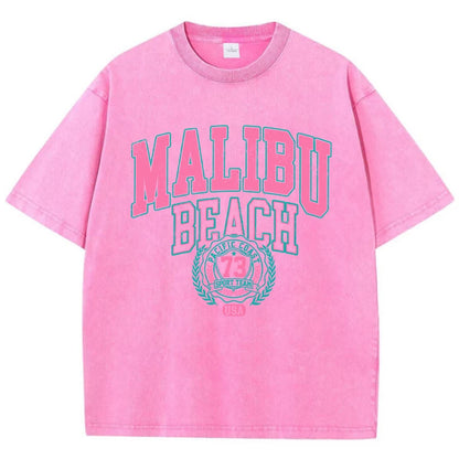Camiseta Oversize Malibu Beach | T-Shirt Algodón Estampado Letras Estilo Lavado