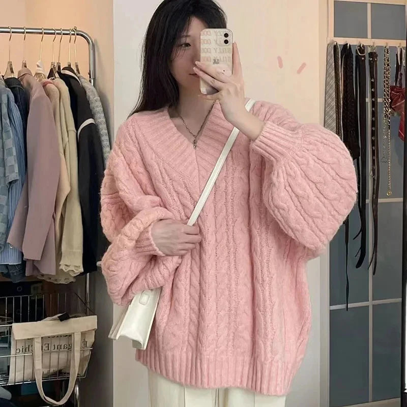 Suéter Oversize Mujer Tejido | Jersey de Punto V-Cuello Harajuku Coreano Otoño Invierno