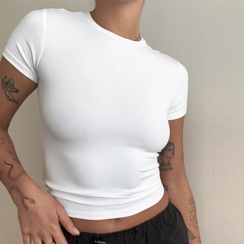 Camiseta Mujer Slim Fit 2024 | T-shirt Tejida de Manga Corta O-Neck Estilo Y2K Casual y Deportiva