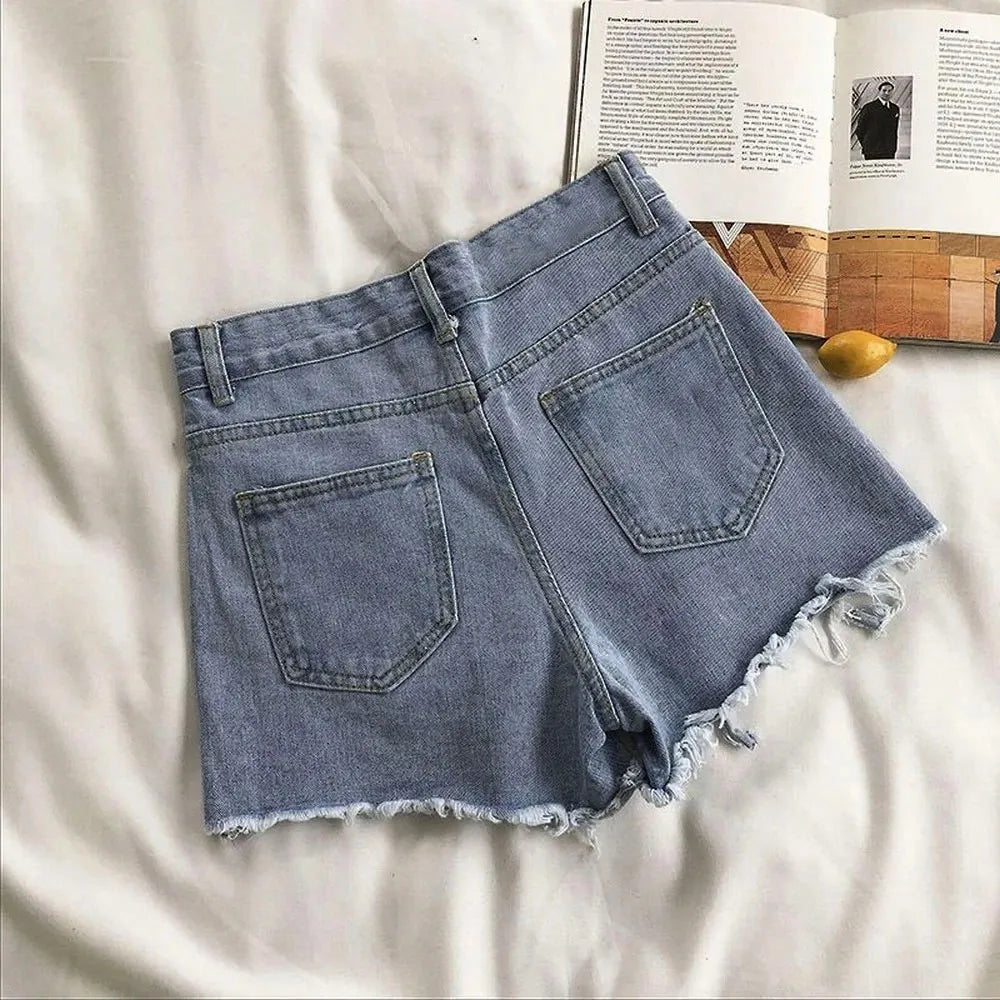 Shorts Vaqueros Mujer Cintura Alta | Denim Azul Coreano con Flecos y Detalles Y2K