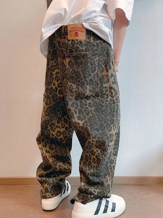 Jeans Oversize Leopardo para Hombre – Pantalones Denim de Pierna Ancha, Streetwear Hip Hop Vintage, Casual con Estampado Animal