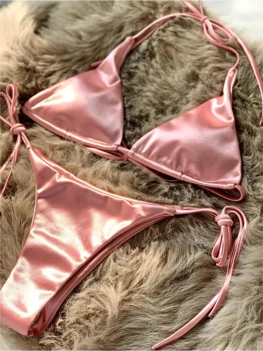 Bikini Brasileño Halter Mujer | Satinado Metálico Push Up 2 Piezas