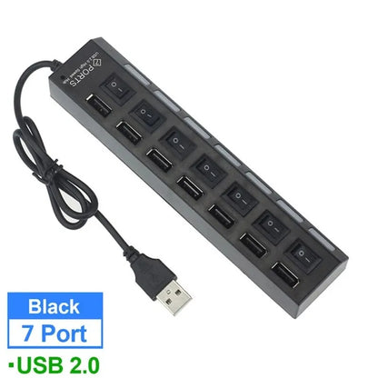 Coolcirc Hub USB 2.0 con 7 Puertos y Switch Individual | Extensor USB para PC, Laptop y Desktop