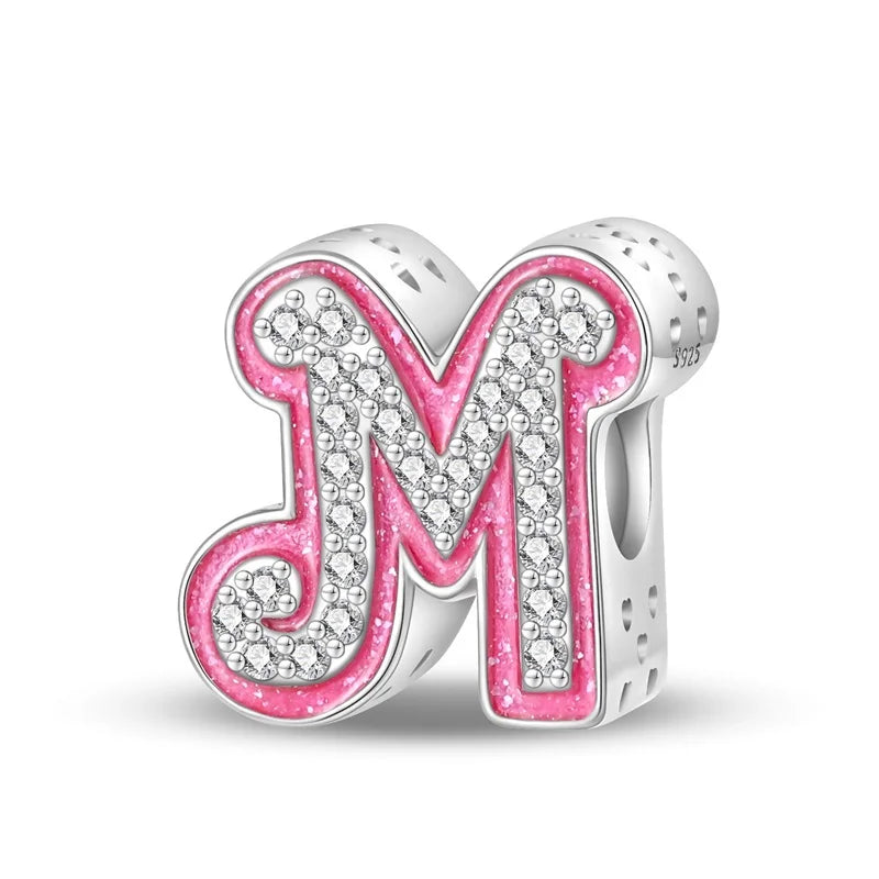 Charm letra alfabeto A-Z con circonias rosas en plata 925 – Abalorio elegante para pulseras tipo Pandora, joyería DIY personalizada