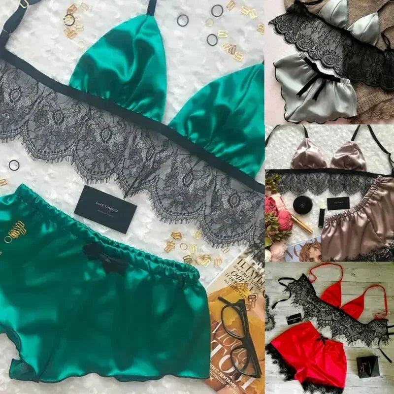 Conjunto Lencería Mujer 2025 | Bralette y Panty de Seda Satinada con Encaje
