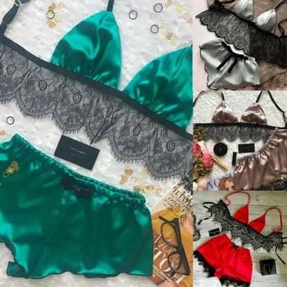Conjunto Lencería Mujer 2025 | Bralette y Panty de Seda Satinada con Encaje