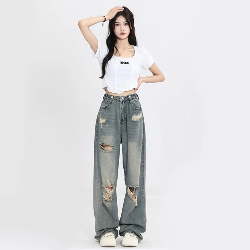 Jeans Vintage Y2K Mujer | Pantalón Vaquero Ancho de Tiro Alto con Rotos Streetwear