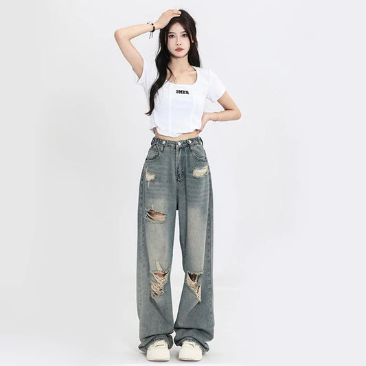 Jeans Vintage Y2K Mujer | Pantalón Vaquero Ancho de Tiro Alto con Rotos Streetwear