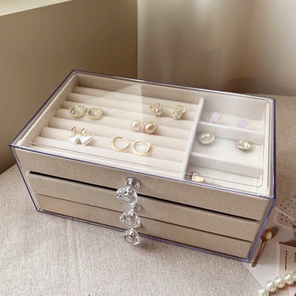 Joyero de Terciopelo y Acrílico con 3 Cajones Apilables | Organizador de Joyería para Collares, Pulseras y Aretes