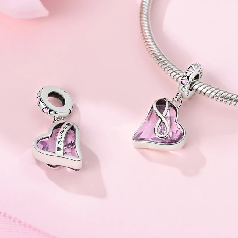 Charm Plata 925 Día de la Madre | Dije Corazón Rosa Love Mom Compatible Pandora Pulsera Collar Mujer