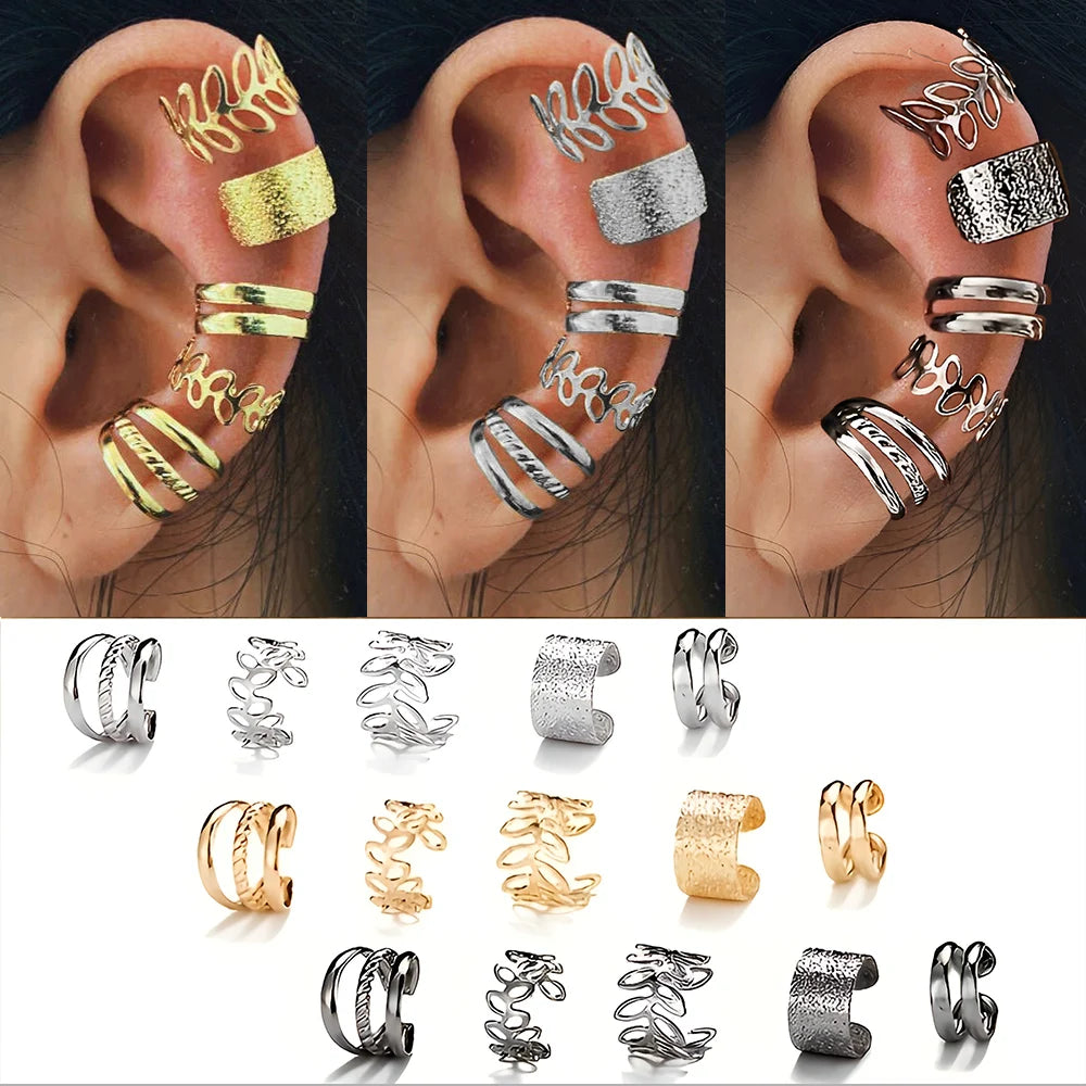 Set de 5 Ear Cuffs Minimalistas – Clips de Oreja en Aleación para Mujer, Sin Agujeros, Estilo Moderno