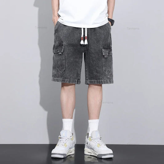 Shorts Vaqueros Oversize Hombre Estilo Coreano | Bermudas Cargo Baggy con Cintura Elástica Azul Gris Verano