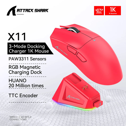 Attack Shark X11 Gaming Mouse – Tri-Mode (Bluetooth/2.4G/USB) con RGB, Dock de Carga Magnético y Sensor PAW3311