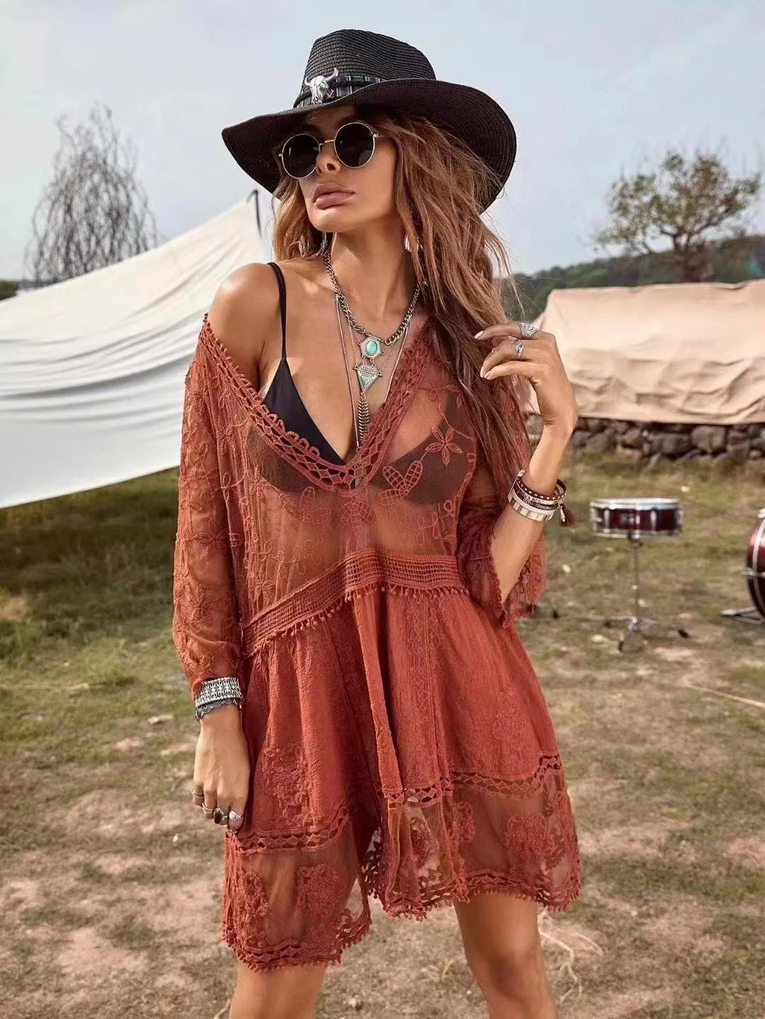 Vestido Playero Encaje Mujer | Salida de Baño Bikini Cover Up Kimono Corto V-Cuello