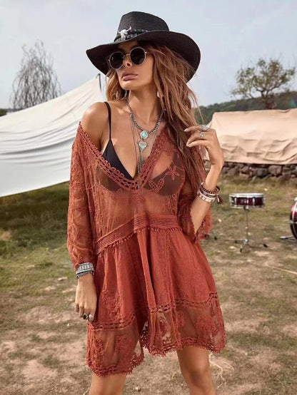 Vestido Playero Encaje Mujer | Salida de Baño Bikini Cover Up Kimono Corto V-Cuello
