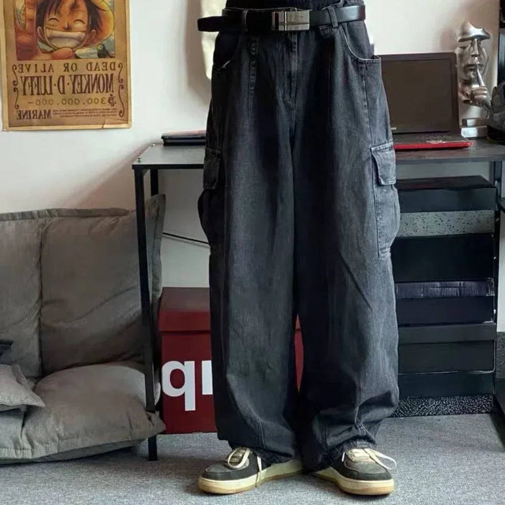 2025 Jeans Men's Oversize Cargo Korean Black Wide Pants Streetwear Hip Hop Harajuku Male Fashion Straight Denim Pants