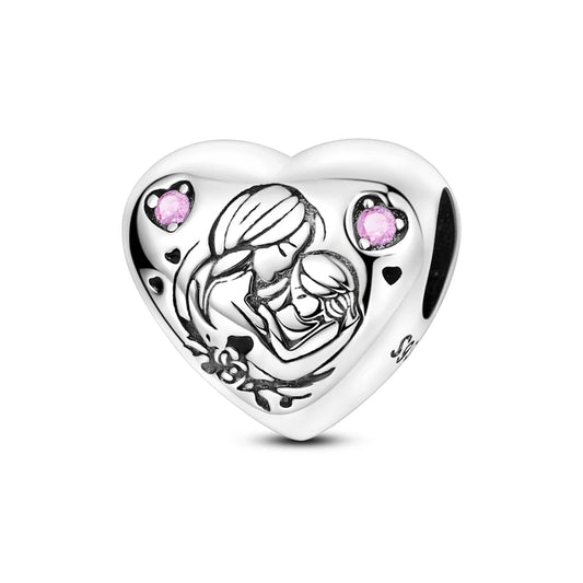 Charm Plata 925 Día de la Madre | Dije Corazón Rosa Love Mom Compatible Pandora Pulsera Collar Mujer
