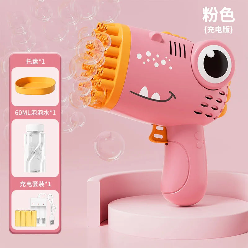 Pistola de Burbujas Dinosaurio 40 Agujeros – Máquina Automática de Burbujas Infantil Sin Batería ni Agua
