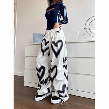 Pantalones Anchos Love Graffiti Mujer | Jogger Y2K Cintura Alta Elástica Streetwear Coreano