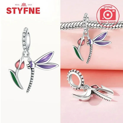 Charm Plata S925 Mariposa Libélula Flores con Gemas | Compatible Pulsera Pandora