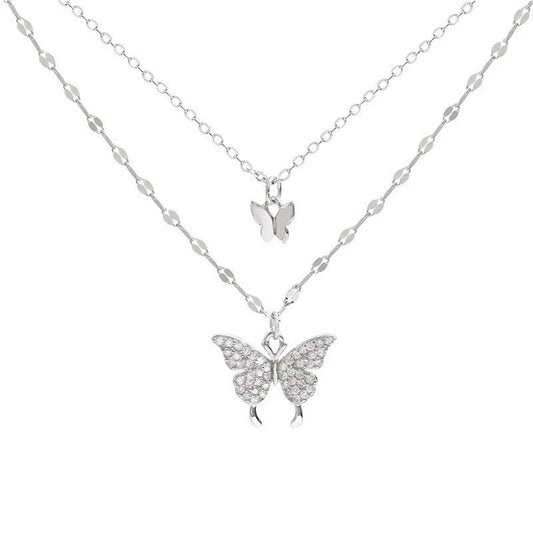 Collar Doble Capa con Mariposa Brillante – Cadena Delicada para Mujer, Joyería Elegante