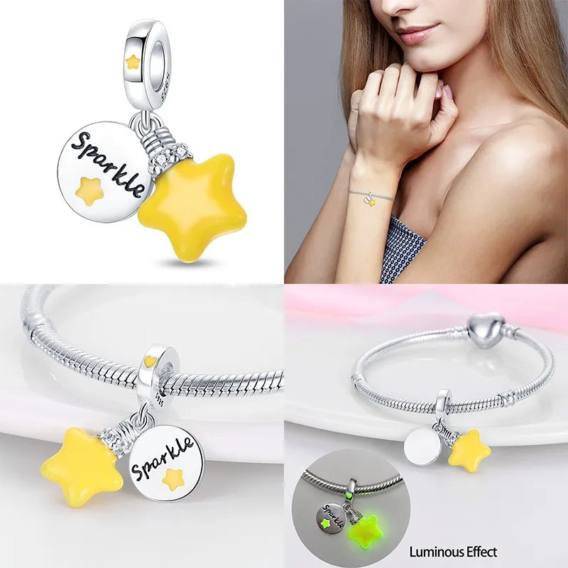 Charm luna y estrellas luminoso plata 925 – Abalorio brillante para pulsera tipo Pandora mujer