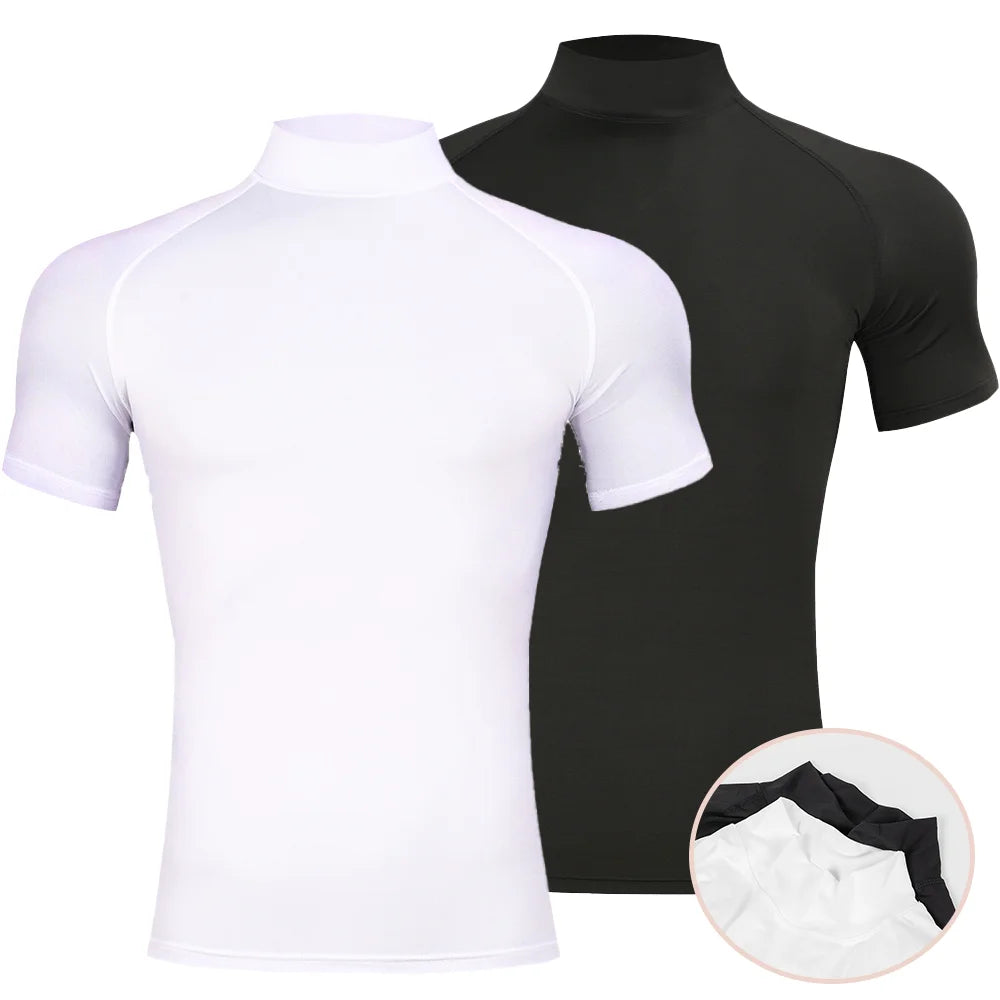 Camiseta Compresiva de Bodybuilding para Hombre – T-shirt Ajustada, Cuello Alto, Manga Corta, Gym, Fitness y Running, Secado Rápido