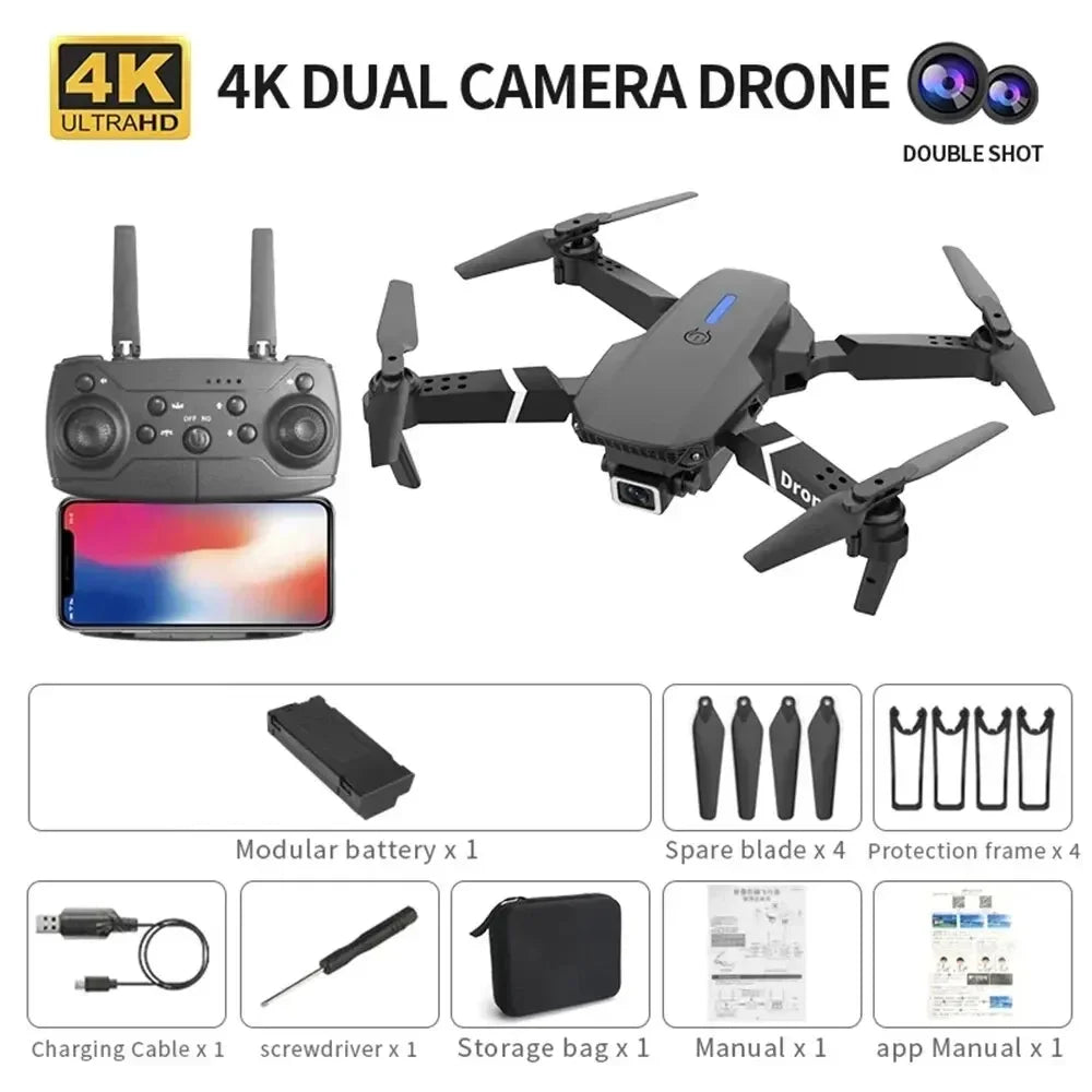 Drone Profesional E88 4K Gran Angular con Cámara HD, WiFi FPV, Altura Estable y Diseño Plegable RC