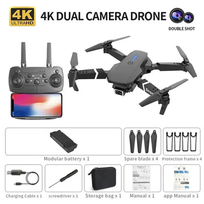 Drone Profesional E88 4K Gran Angular con Cámara HD, WiFi FPV, Altura Estable y Diseño Plegable RC