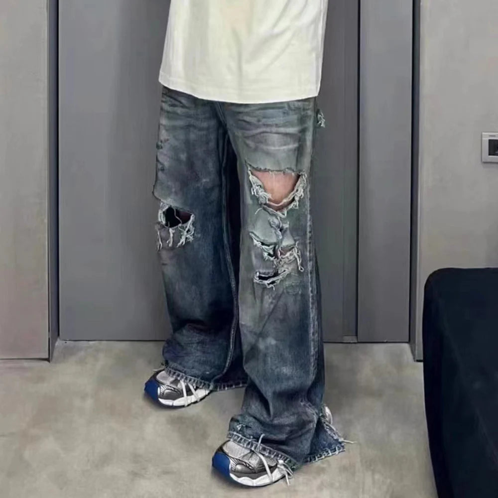 Jeans Rasgados Baggy de Pierna Ancha – Pantalones Denim Oversize Unisex con Agujeros Estilo Streetwear Casual