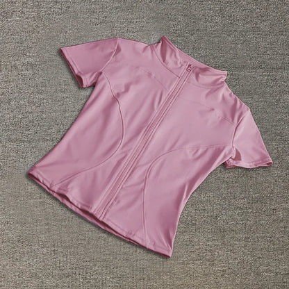 Camiseta Deportiva Mujer Verano | Top Slim Fit Secado Rápido Cuello Alto Cremallera Completa Yoga & Fitness