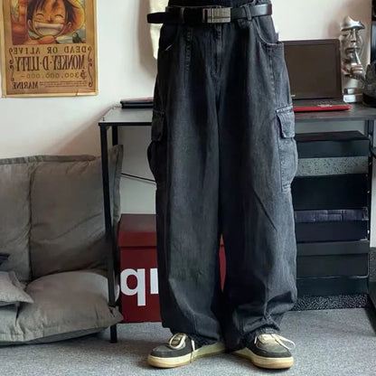 Jeans Baggy Negros para Hombre – Pantalones Denim Oversize Pierna Ancha Cargo Estilo Coreano Streetwear Hip Hop Harajuku