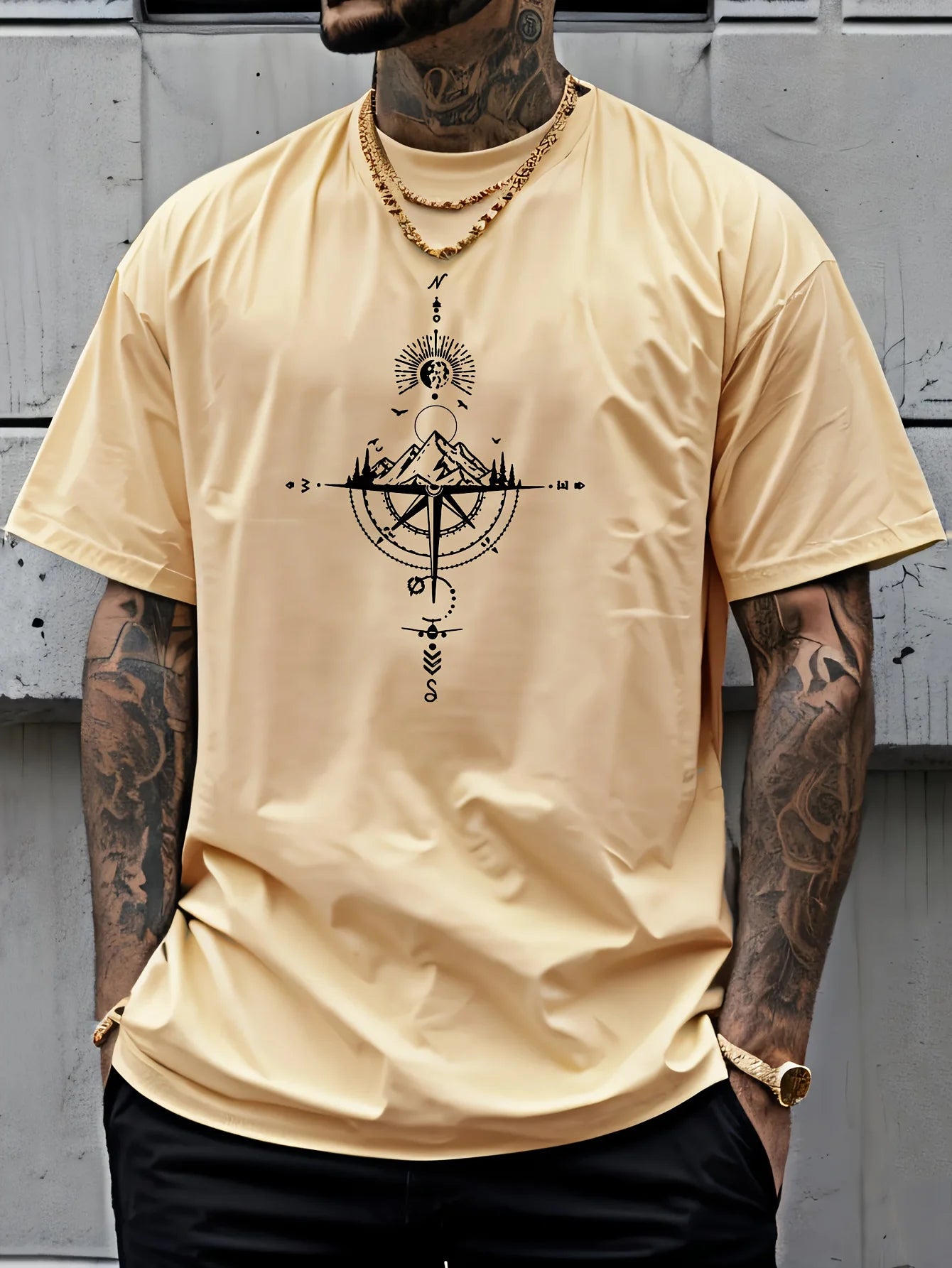 Camiseta Hombre Verano 100% Algodón | Casual Deportivo Oversized | Estampado Brújula Retro Manga Corta Cuello Redondo