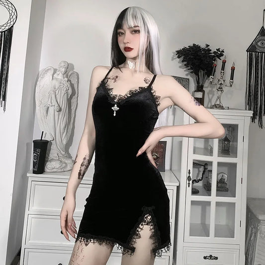 Vestido Negro Gótico Mujer | Mini Dress Vintage Sexy con Tirantes y Abertura Lateral