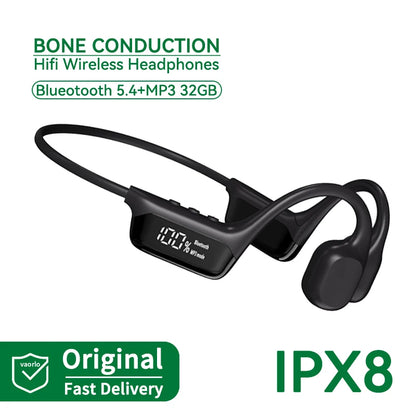 Auriculares True Bone Conduction Bluetooth 5.4 – Inalámbricos, impermeables IPX8, MP3 32GB con micrófono y pantalla LED