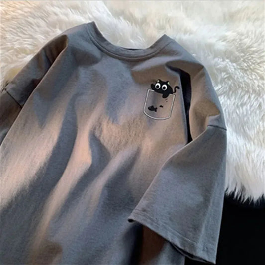 Set Camisetas Oversize Retro | Estampado Gato Negro Moda Americana Juvenil