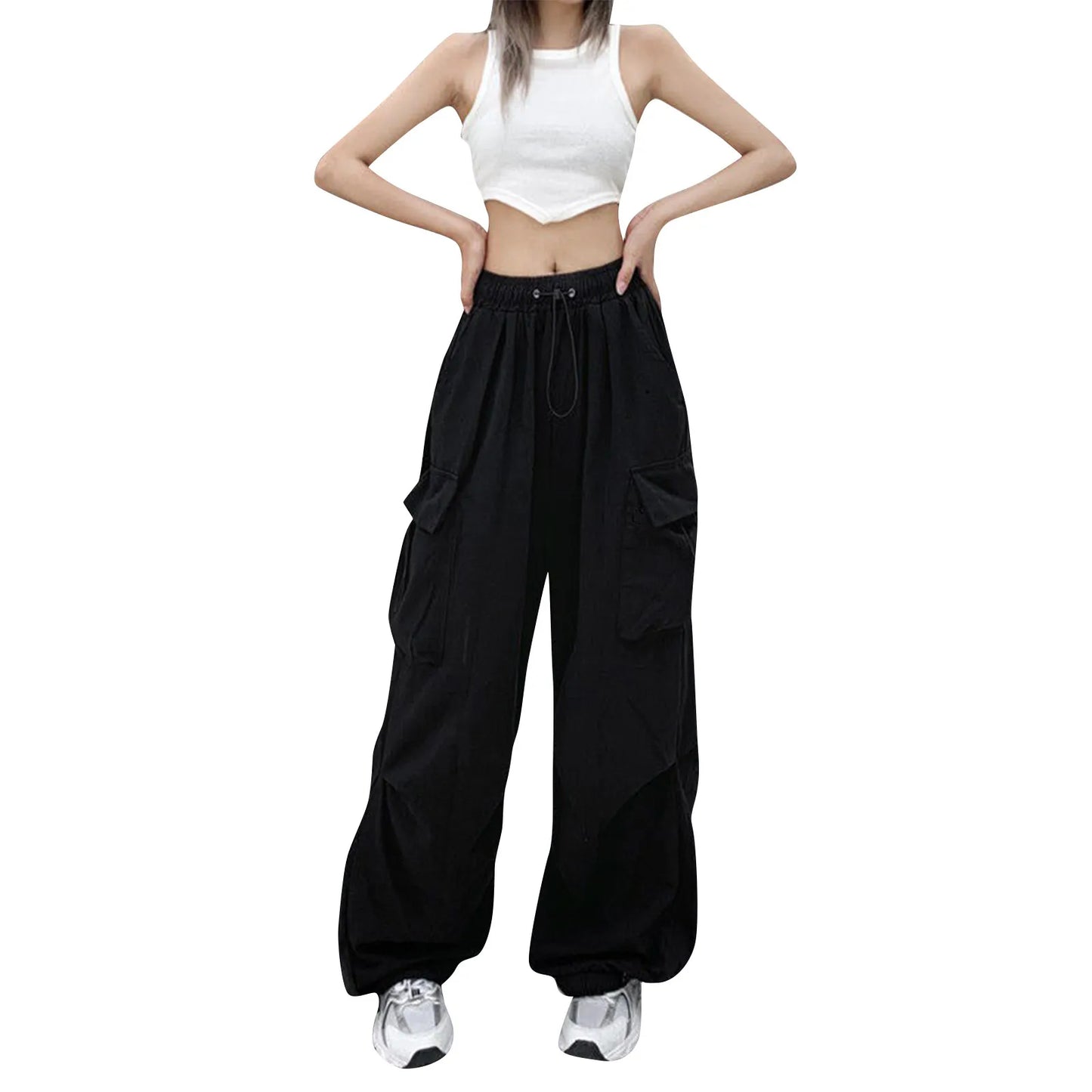 Pantalones Rectos Harajuku Mujer | Streetwear Negro Multi-Bolsillos Cintura Alta Pierna Ancha