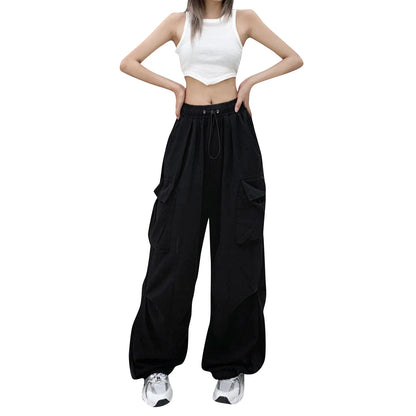Pantalones Rectos Harajuku Mujer | Streetwear Negro Multi-Bolsillos Cintura Alta Pierna Ancha